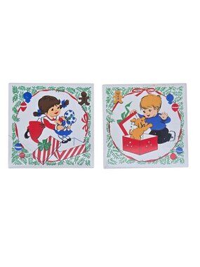 Vintage Christmas Ceramic Trivet Set of 2 Jasco Taiwan Puppy Dog Gingerbread Man